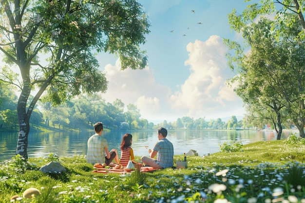 Eine glückliche Familie macht ein Picknick in einem üppig grünen Park