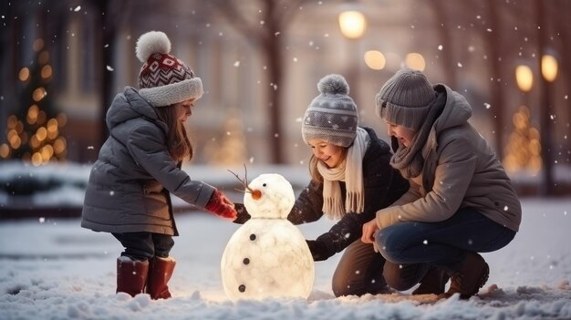 Eine glückliche Familie macht einen Schneemann auf dem Platz mit einem Weihnachtsbaum