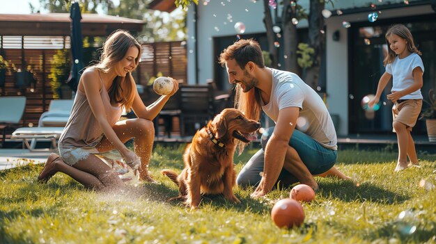 Eine glückliche Familie spielt mit ihrem Hund im Hinterhof, alle lächeln und lachen, der Hund rennt herum und spielt mit dem Ball.