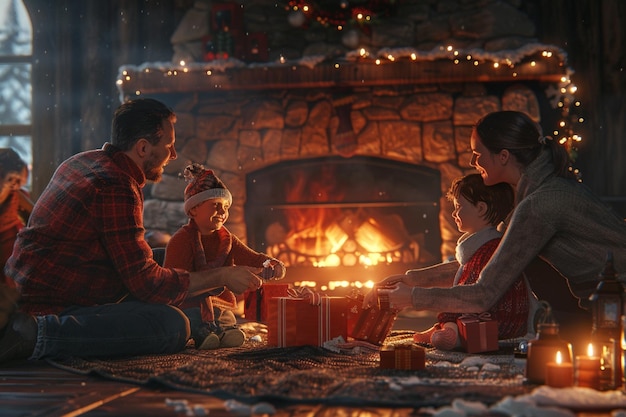 Eine glückliche Familie tauscht Geschenke aus und lacht herum.