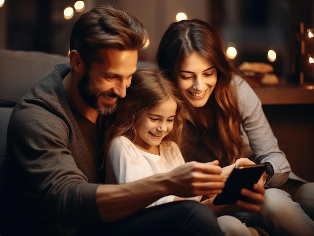 Eine glückliche Familie verbringt gemeinsam Zeit mit dem Smartphone, während sie zu Hause auf dem Sofa sitzt. Generative KI