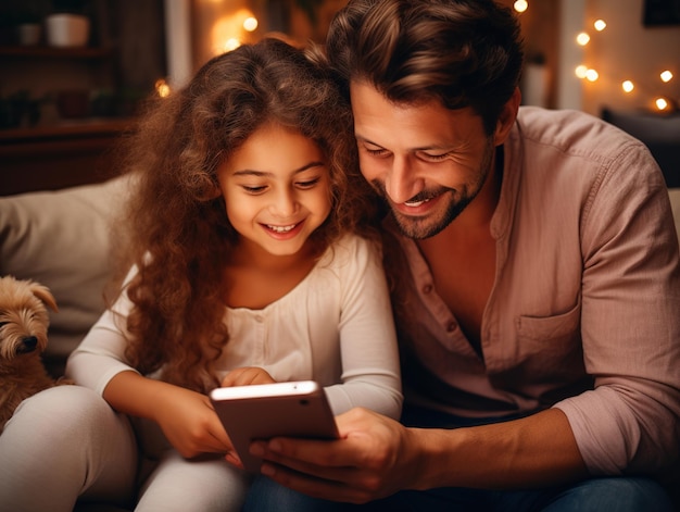 Eine glückliche Familie verbringt gemeinsam Zeit mit dem Smartphone, während sie zu Hause auf dem Sofa sitzt. Generative KI
