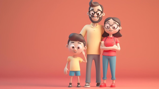 Eine glückliche Familie von drei Personen, die zusammen stehen und auf einem rosa Hintergrund isoliert sind
