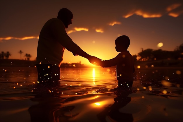 Eine glückliche Familienschatten-Silhouette von Vater und Sohn beim Sonnenuntergang, die in einem See stehen