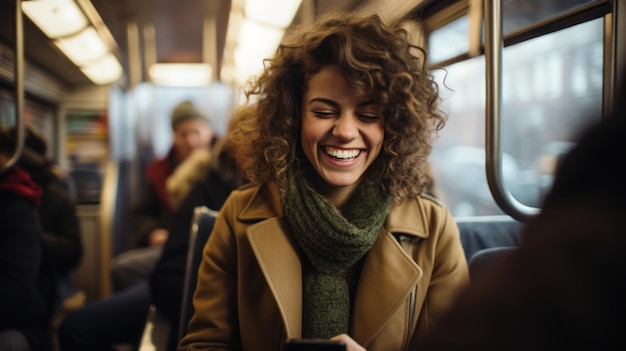 eine glückliche Frau fährt im Winter mit dem Zug, während sie ihr Telefon benutzt