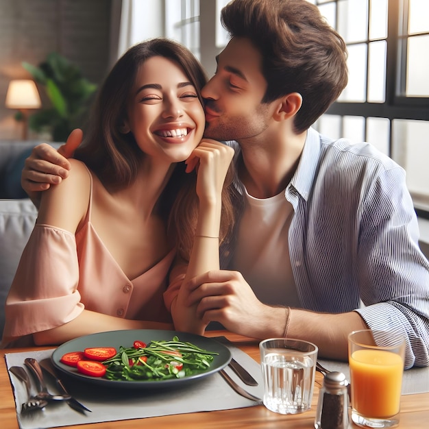 Foto eine glückliche frau genießt es am esstisch, während ihr freund sie in die hand küsst