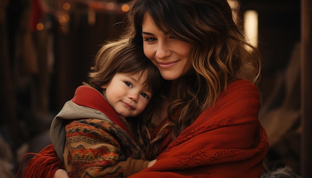 Eine glückliche Frau hält ein Kind in einem roten Pullover