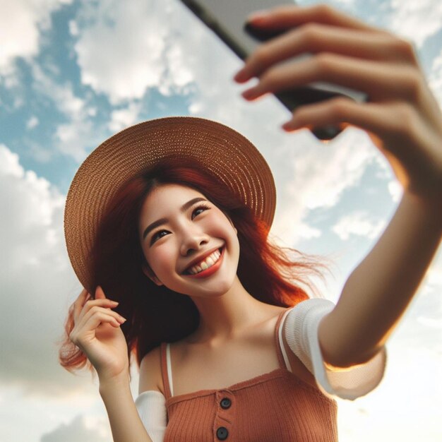 Eine glückliche Frau macht ein Selfie mit dem Himmel im Hintergrund