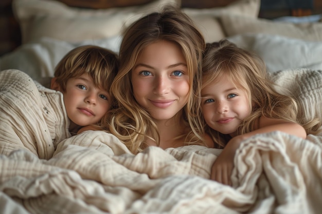 Eine glückliche Frau und ihre Kinder genießen eine gute Zeit zusammen in einem geräumigen Bett