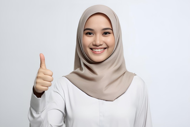 Eine glückliche, freundliche asiatische, malaysische, indonesische, muslimische Frau lächelt zuversichtlich.