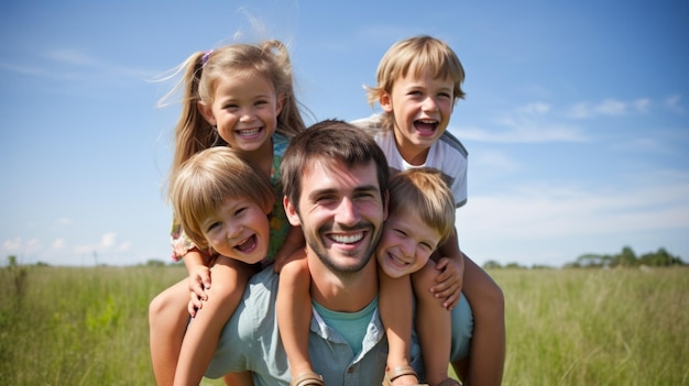 Eine glückliche fünfköpfige Familie auf einem Feld