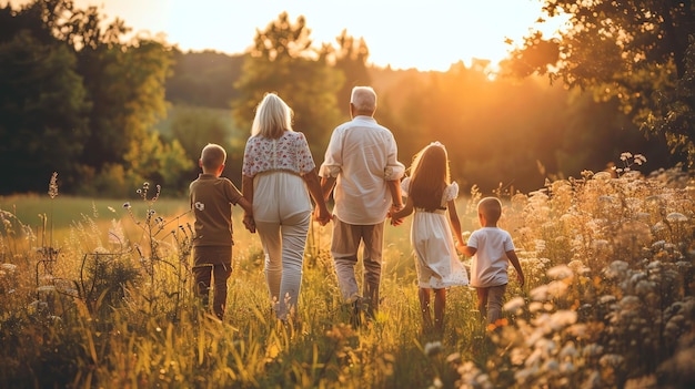 Foto eine glückliche fünfköpfige familie geht bei sonnenuntergang auf einem feld mit hohem gras spazieren