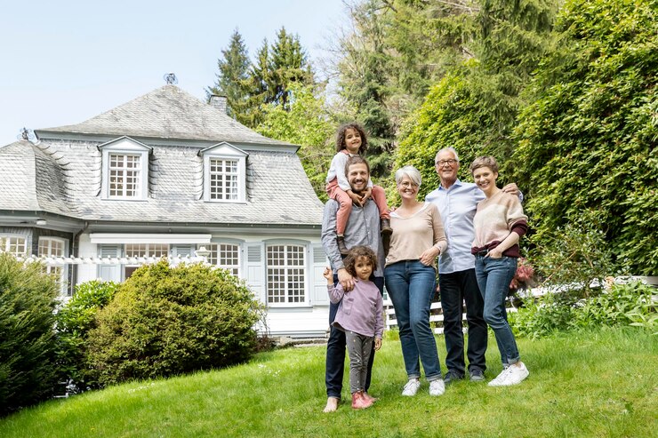 Foto eine glückliche großfamilie steht im garten ihres hauses