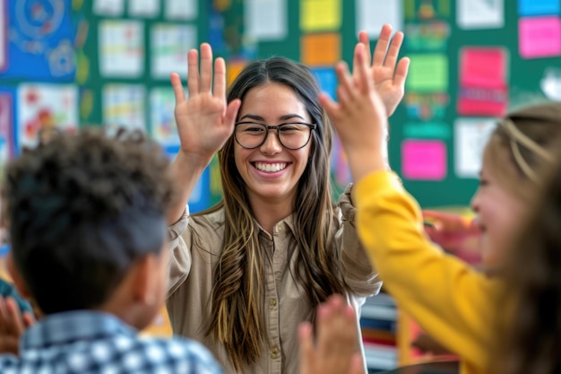 Foto eine glückliche grundschullehrerin gibt ihrem schüler während des unterrichts im klassenzimmer ein highfive