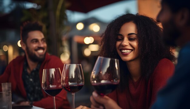 Eine glückliche Gruppe von Freunden aus verschiedenen Rassen trinkt Rotwein beim Abendessen auf der Terrasse des Restaurants.