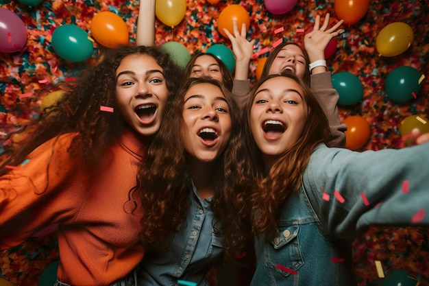Eine glückliche Gruppe von Teenagern feiert ihren Geburtstag generativ ai