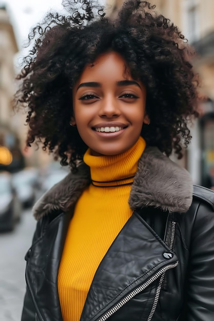 Eine glückliche, gut aussehende schwarze Frau in einem grauen Ledermantel