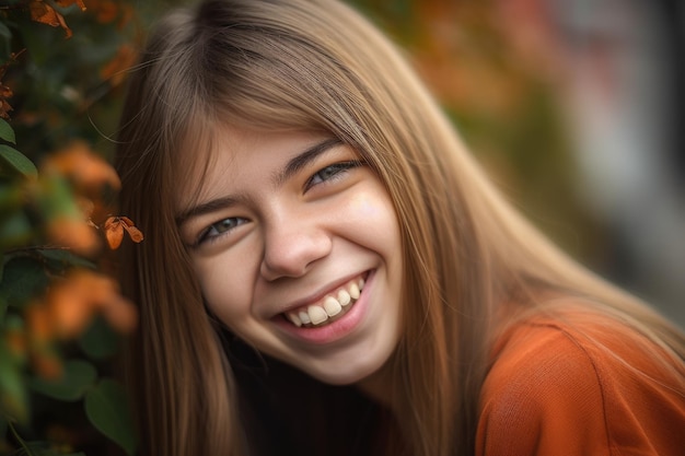 Foto eine glückliche junge behinderte frau, die im freien in die kamera lächelt, erstellt mit generativer ki