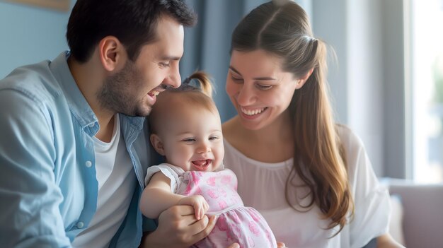 Eine glückliche junge Familie genießt zu Hause gute Zeit zusammen