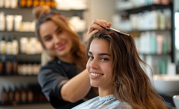 Eine glückliche junge Frau, deren Haare von einem lächelnden Stylisten im Salon gestaltet werden