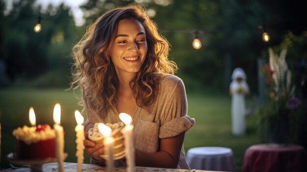 Eine glückliche junge Frau feiert ihren Geburtstag im Hinterhof ihres Hauses mit Dekorationen wie Kuchen, Kerzen, Luftballons und Lichtern