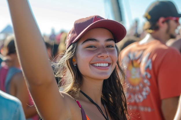 Eine glückliche junge Frau genießt ein Musikfestival in goldener Sonnenlichtstunde