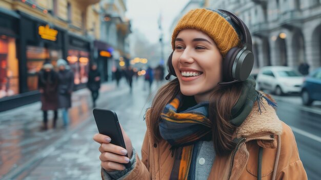 Foto eine glückliche junge frau hält ein handy und genießt musik, die sie über drahtlose kopfhörer auf einem fußweg hört