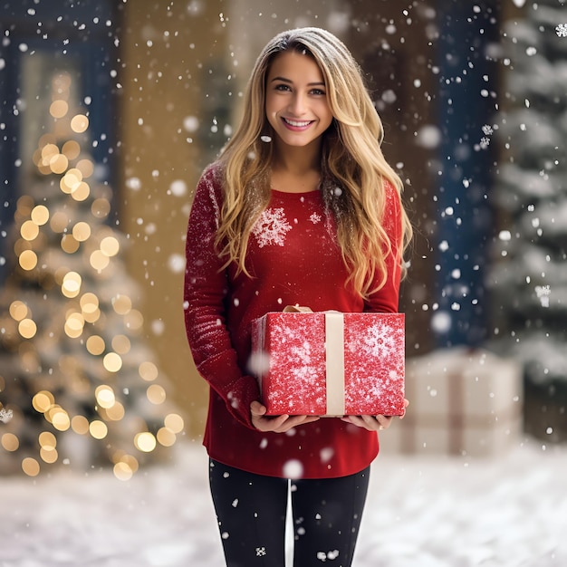 Eine glückliche junge Frau hält eine Geschenkkiste in einer schneebedeckten Nacht