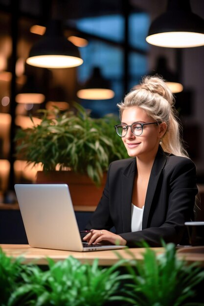 Eine glückliche junge Frau im schwarzen Anzug benutzt am Ende des Arbeitstages ihren Laptop