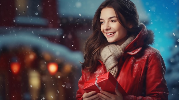 Eine glückliche junge Frau mit dunkelbraunen Haaren hält ein glänzendes Weihnachtsgeschenk