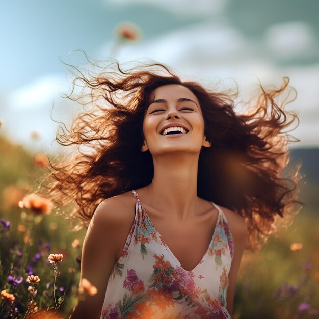 Eine glückliche junge Frau mit langen lockigen Haaren auf einem Blumenfeld