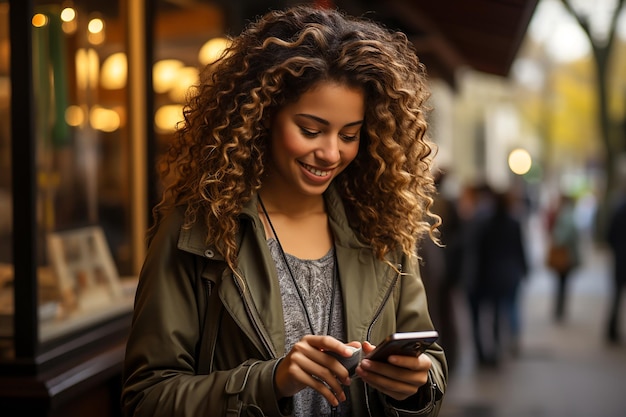 Eine glückliche junge Frau mit lockigem Haar, die auf ihr Handy schaut