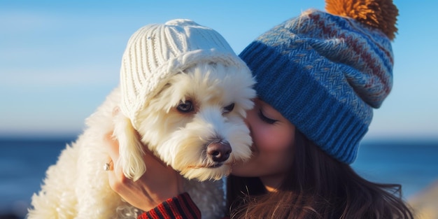 Eine glückliche junge Frau sitzt an einem sonnigen Tag am Meer und hält einen Hund in ihren Armen.