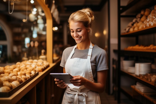 Eine glückliche junge Frau steht in ihrem Café