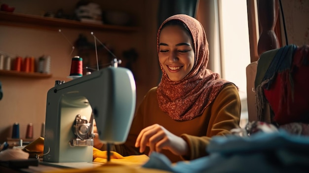 Eine glückliche junge muslimische Modedesignerin benutzt eine Nähmaschine in ihrer Werkstatt Generative Ai