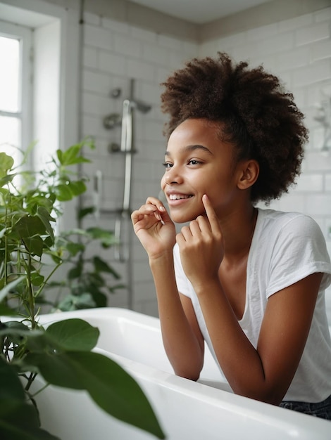 Eine glückliche junge, schöne afroamerikanische Frau kümmert sich um ihre Gesichtshaut