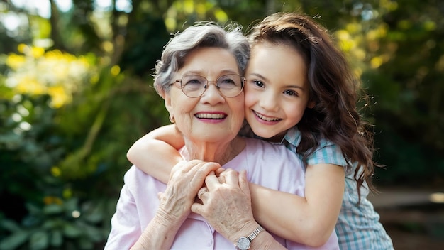 Eine glückliche junge Tochter umarmt eine ältere Mutter