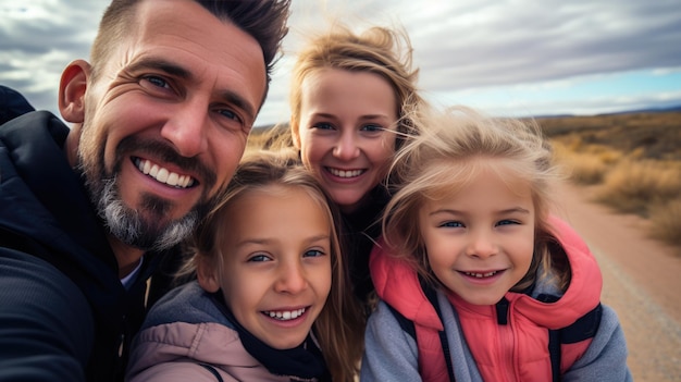Eine glückliche kaukasische Familie mit Eltern und zwei Kindern, die lächelnde Selfies machen, erstellt mit generativer KI-Technologie