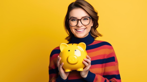 Eine glückliche kaukasische Frau mit Brille in einem rot-blauen Freizeitpullover hält ein gelbes Sparschwein auf gelbem Hintergrund, erstellt mit generativer KI-Technologie