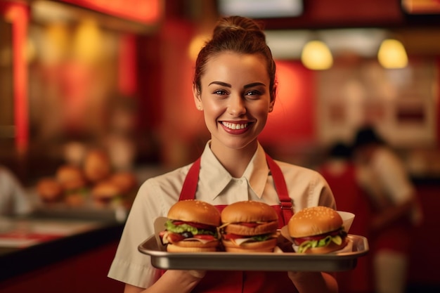 Eine glückliche Kellnerin hält Burger im Restaurant