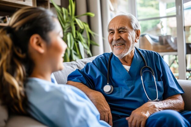 Eine glückliche Krankenschwester kümmert sich um einen älteren Mann, der zu Hause im Sessel sitzt