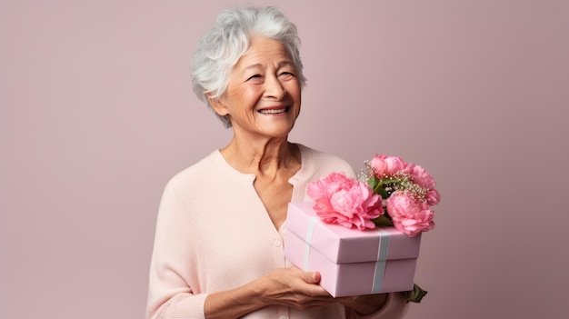 Eine glückliche, lächelnde ältere Frau hält eine Geschenkkiste über einem rosa Hintergrund