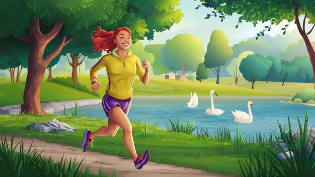 Foto eine glückliche läuferin läuft im park beim joggen.