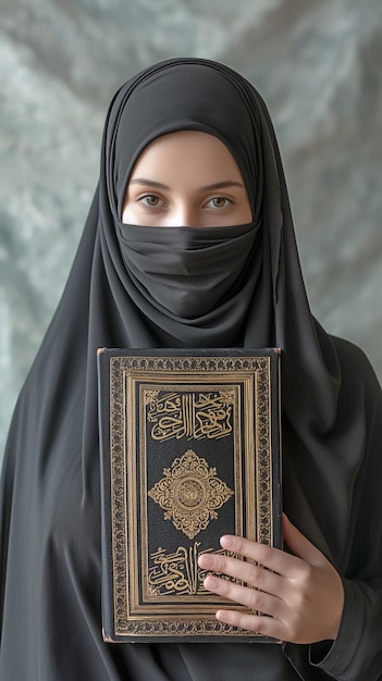 Eine glückliche muslimische Frau aus Saudi-Arabien trägt einen schwarzen Chador und hält ein Exemplar des Heiligen Korans, das in einem Porträt auf Weiß isoliert ist