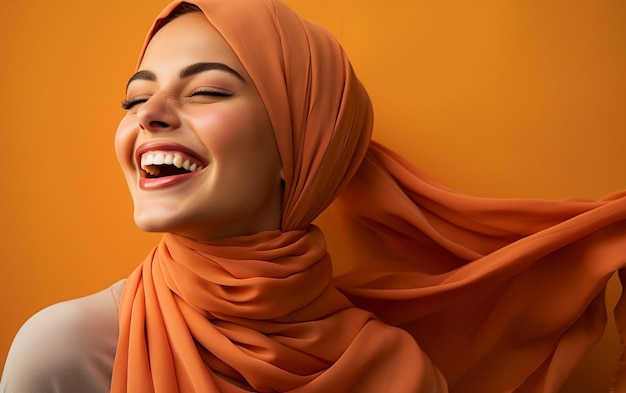 Eine glückliche muslimische Frau, die einen leuchtend orangefarbenen Hijab AI trägt