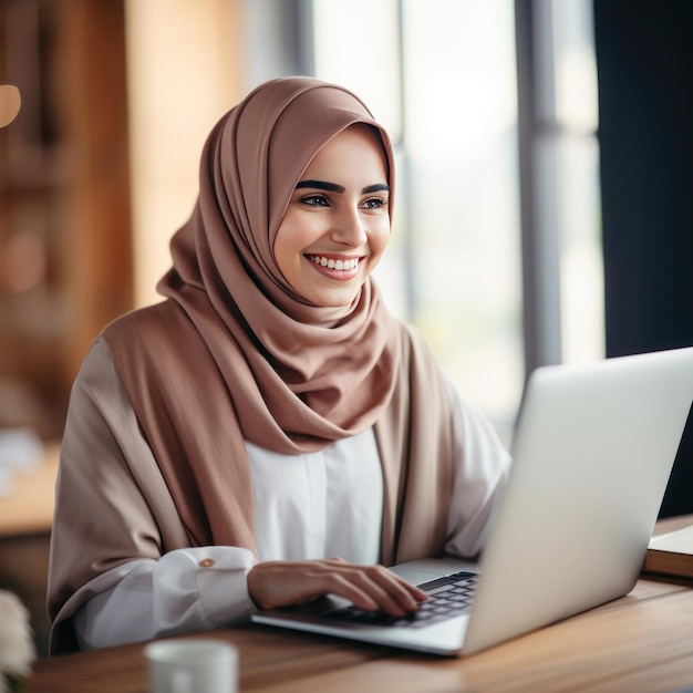 Eine glückliche muslimische Geschäftsfrau im Hijab am Büroarbeitsplatz lächelnde arabische Frau arbeitet an einem Laptop in einem modernen Büro