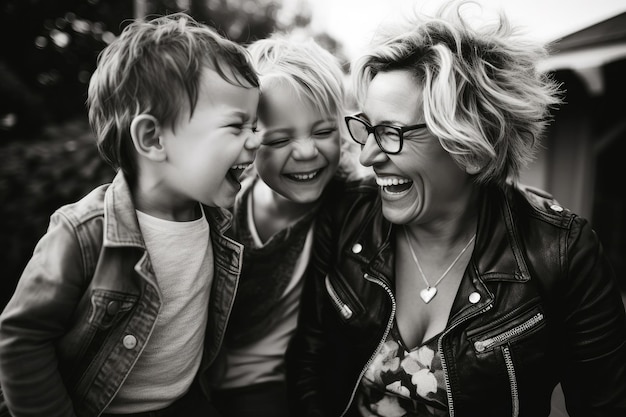 Eine glückliche Mutter hat einen zarten Moment mit ihren Kindern an einem Sommertag, Mutter und zwei Geschwister lachen