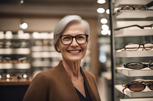Eine glückliche reife Frau wählt in einem Optikgeschäft eine Brille aus.