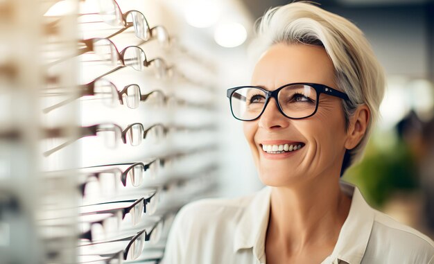 Foto eine glückliche reife frau wählt in einem optikgeschäft eine brille aus.