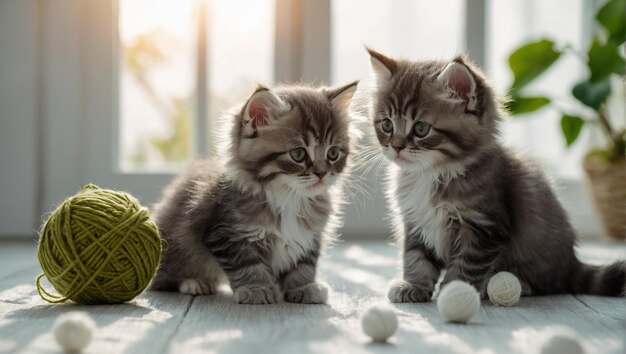 Eine glückliche, schläfrige, flauschige persische Katze spielt mit wunderschönen Kugeln, Fäden.